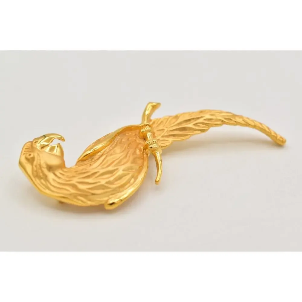 JJ Vintage Parrot Bird Pin Brooch Brushed Gold Chunky Signed NOS 1980s BinBK